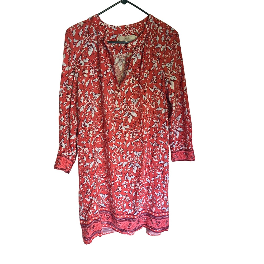 Loft Red Floral Long‎ Sleeve Shift Dress Womens Small Boho Rayon Button V-Neck